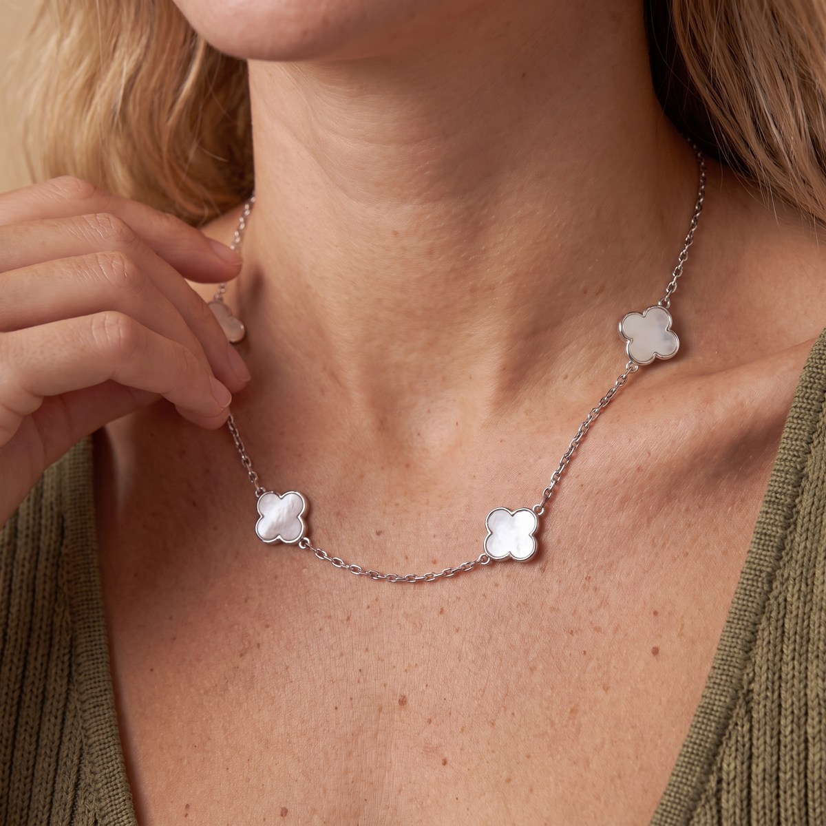 Mother of Pearl Clover Necklace — Platinum, worn