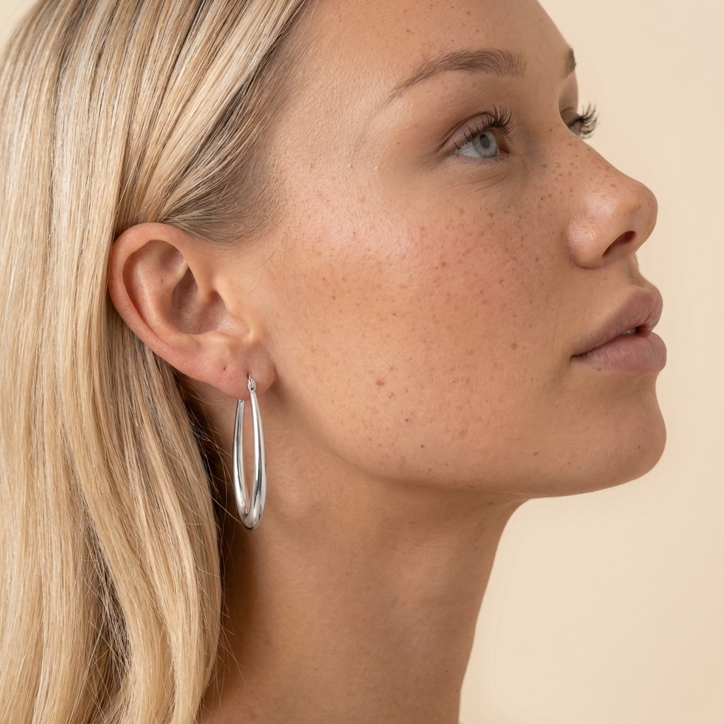 Elongated Oval Leverback Hoop Earrings - Silver - close-up