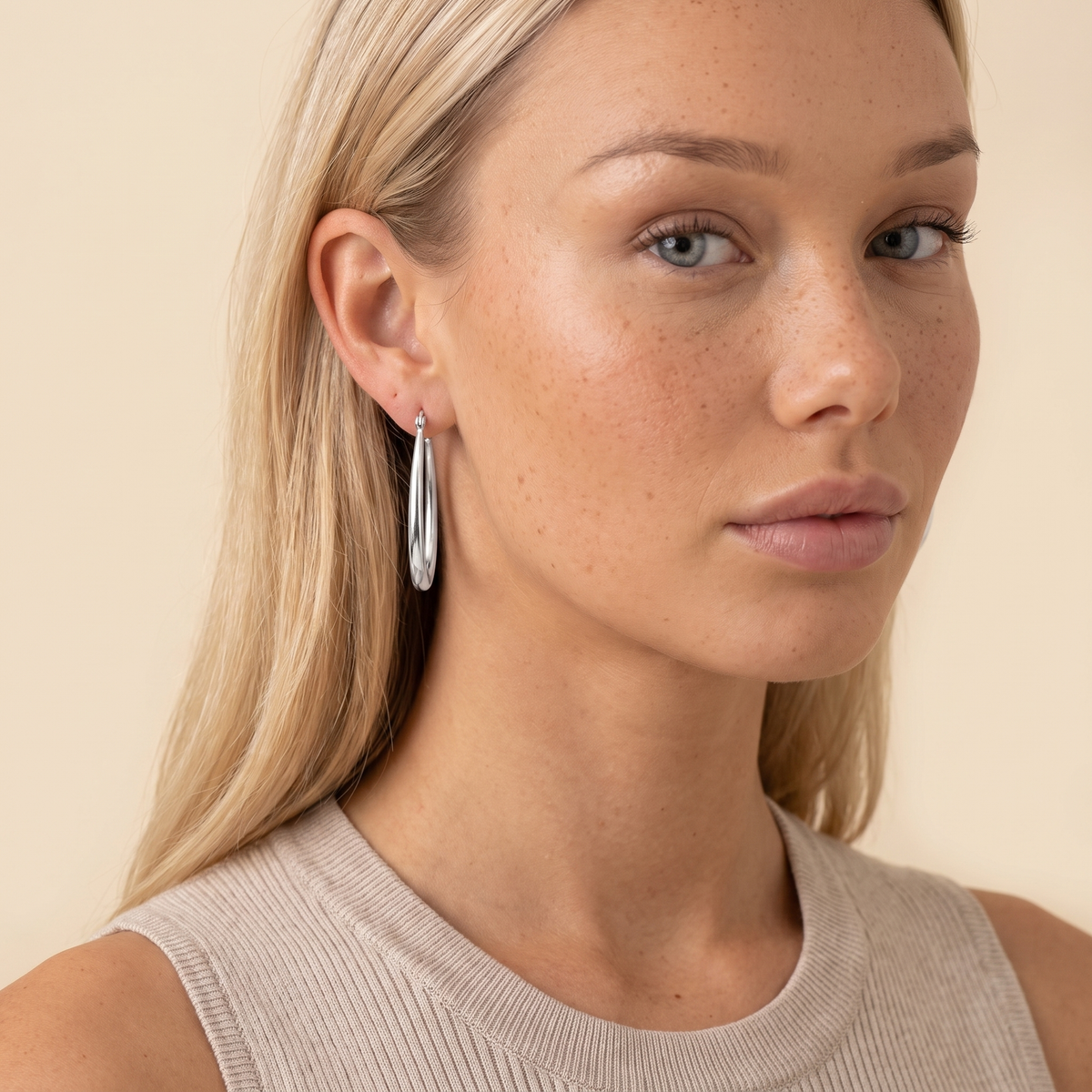 Elongated Oval Leverback Hoop Earrings - Silver - worn