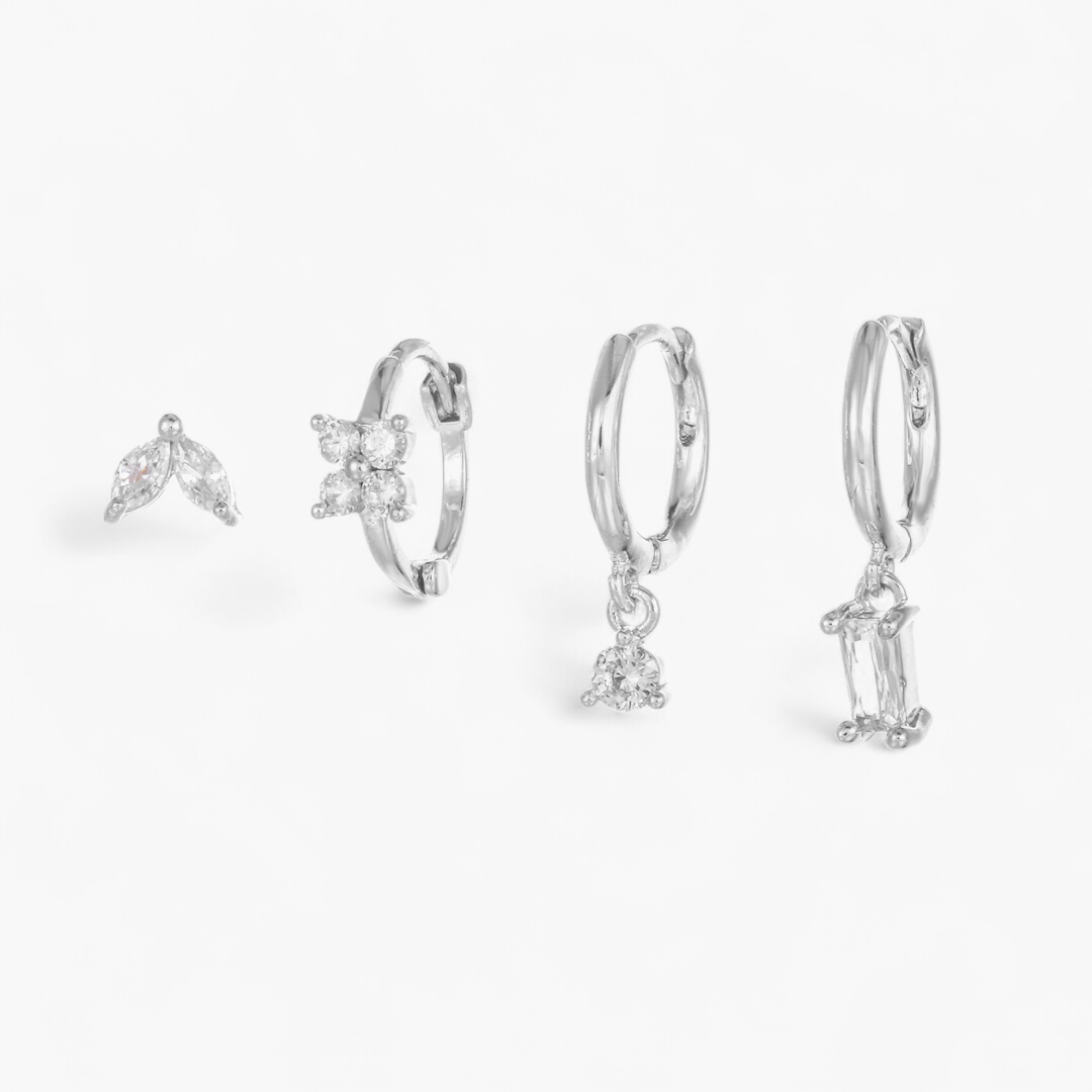 CZ Huggie Stud Earring Set — Silver