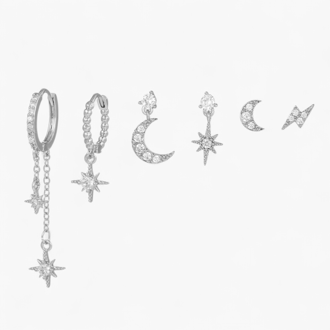 Celestial Star Moon Earring Set — Moonlight Silver