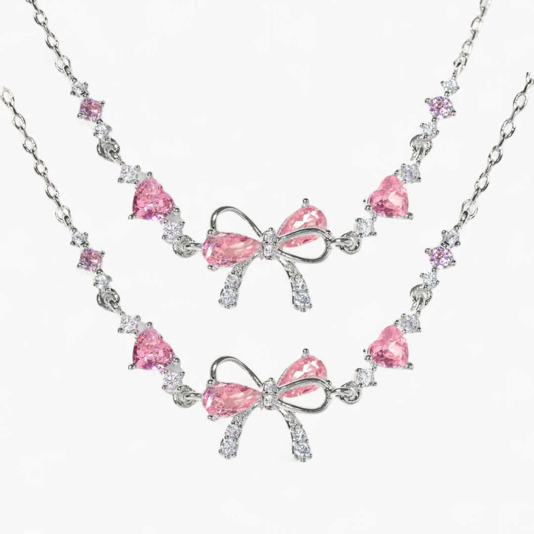 Dainty Bow Heart Bracelet Set — Silver