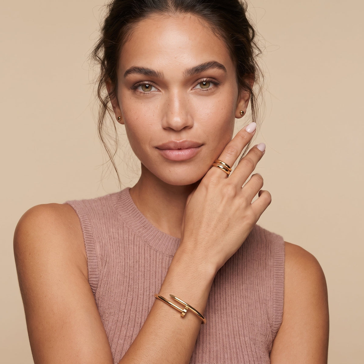 Nail Wrap Bangle Bracelet — Gold, worn