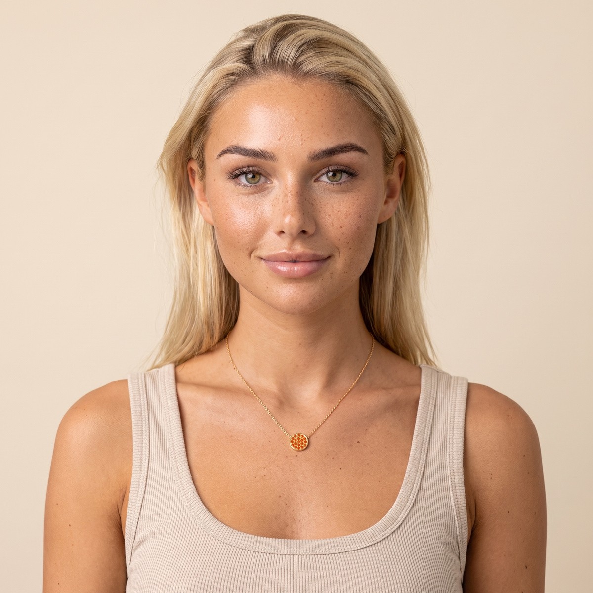 Gold Birthstone Pavé Disc Necklace - worn