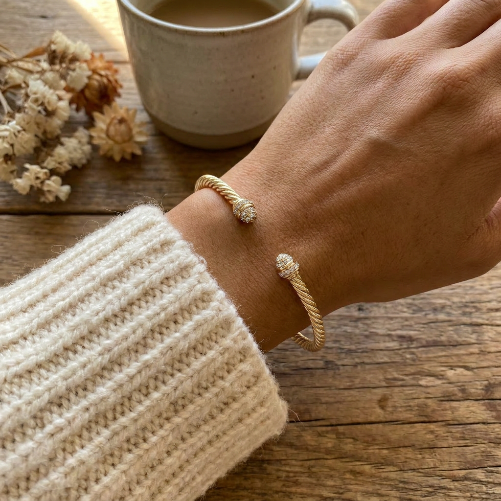 Bracelet manchette jonc torsadé doré ajustable