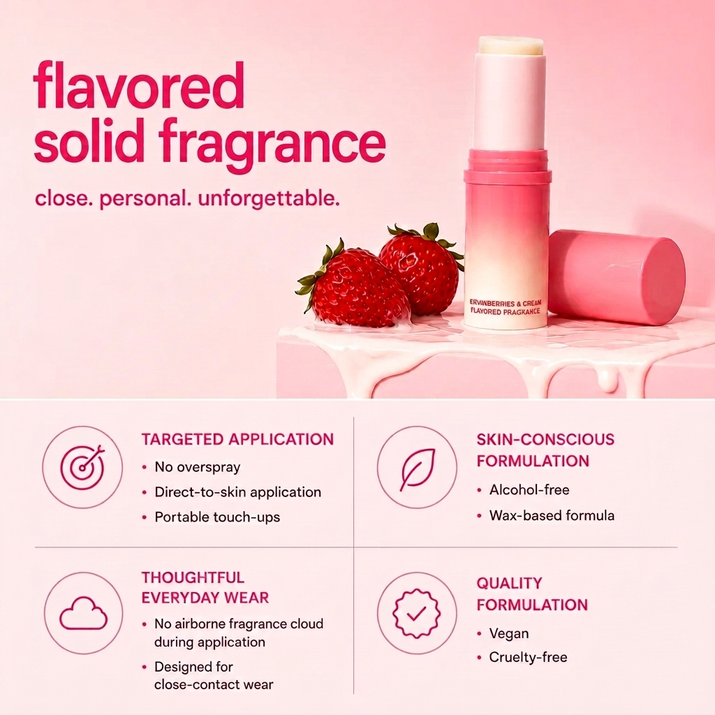 Strawberries and Cream Roll-On Solid Fragrance – Sweet Fruity Vegan Perfume for On-the-Go