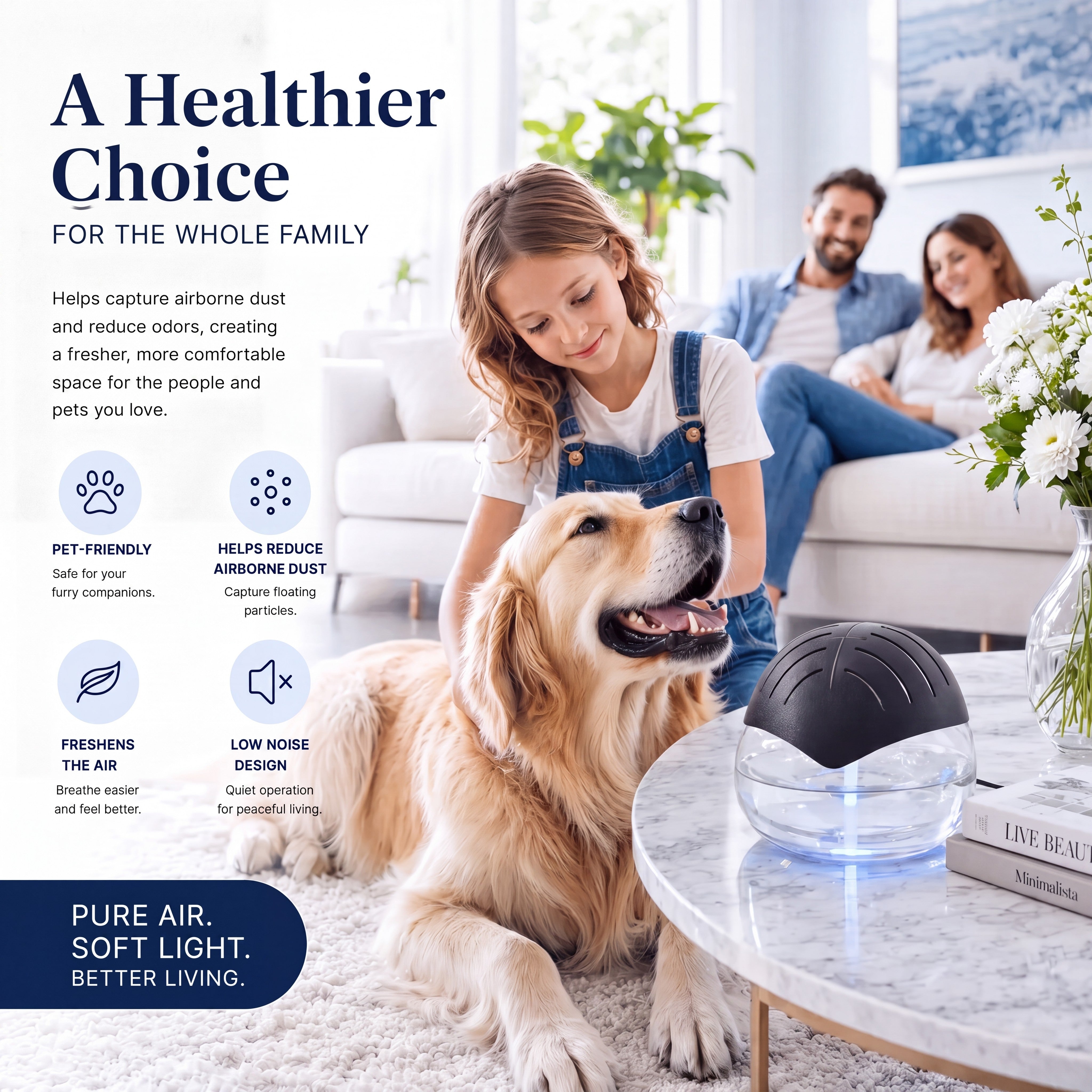 Air Purifier for Home, Water Filtration, Portable Desk, Night Light, Quiet
