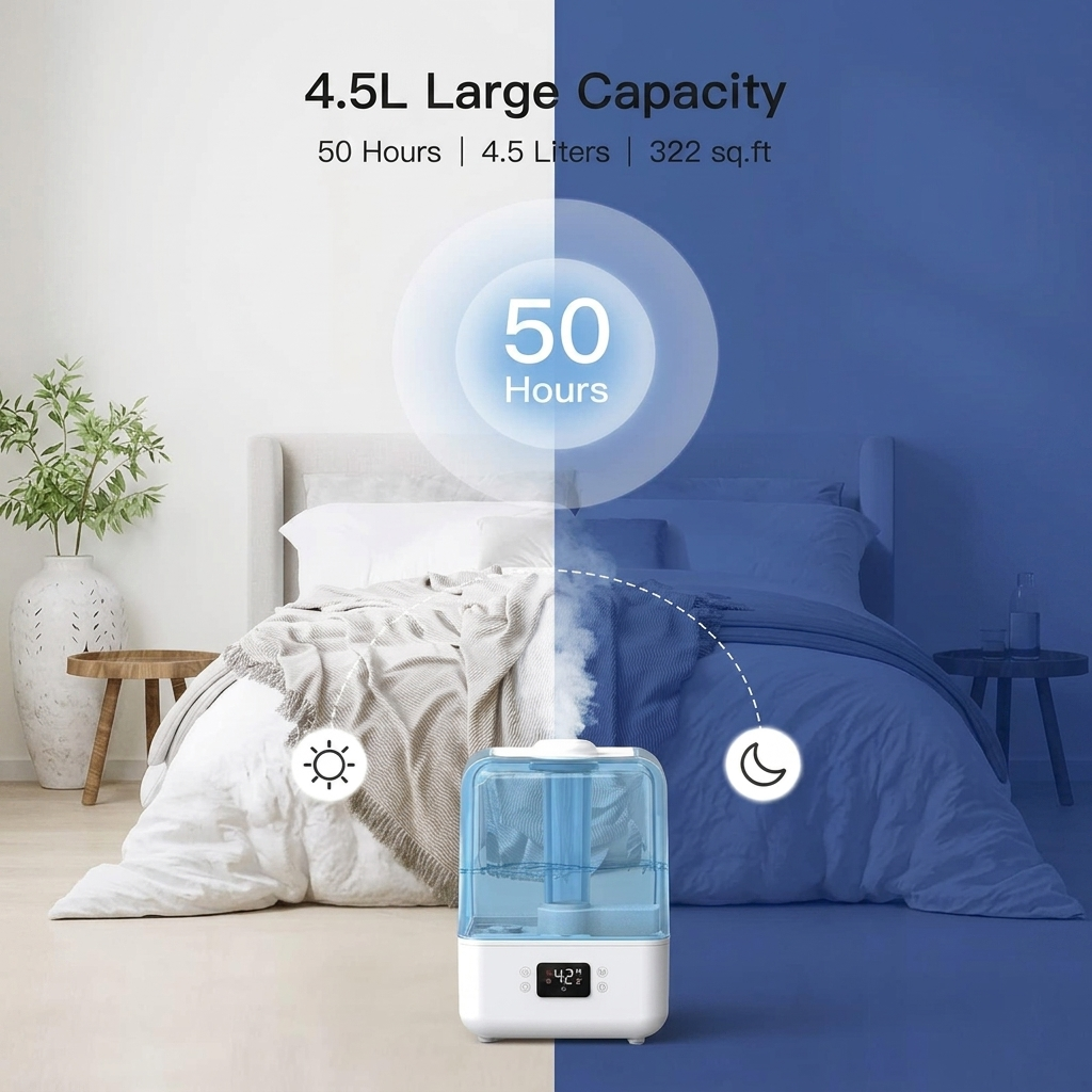 Cool Mist Humidifier for Bedroom 4.5L, 50H Runtime, Timer, Night Light