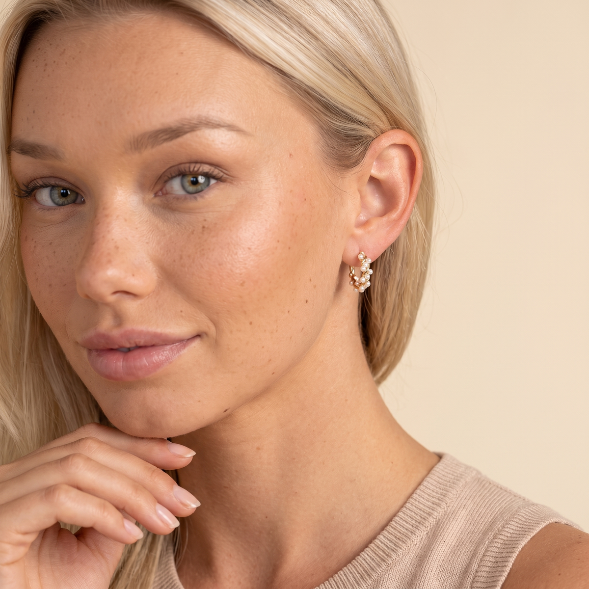 Pearl Wreath Mini Hoop Earrings - worn