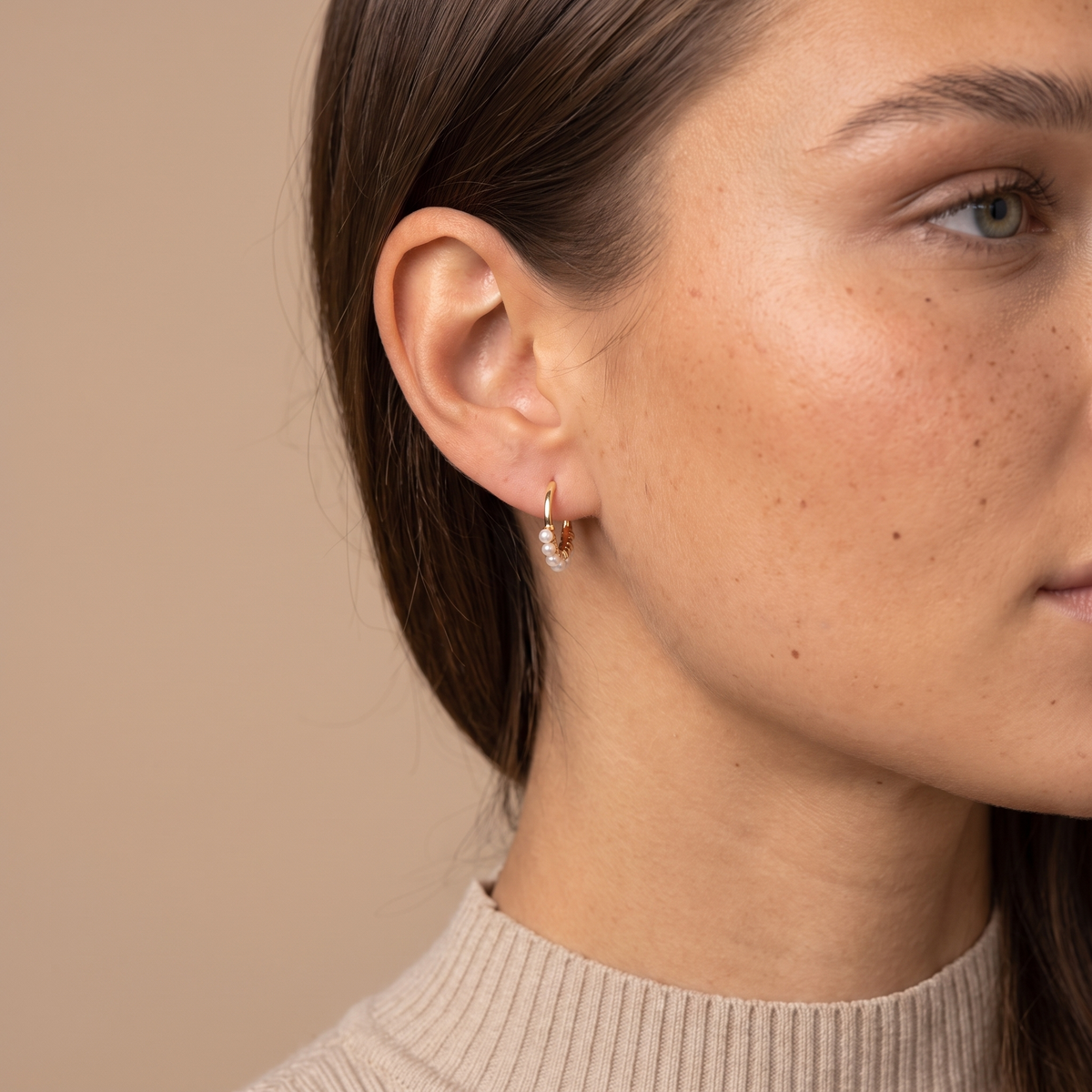 Gold Pearl Mini Hoop Earrings - worn