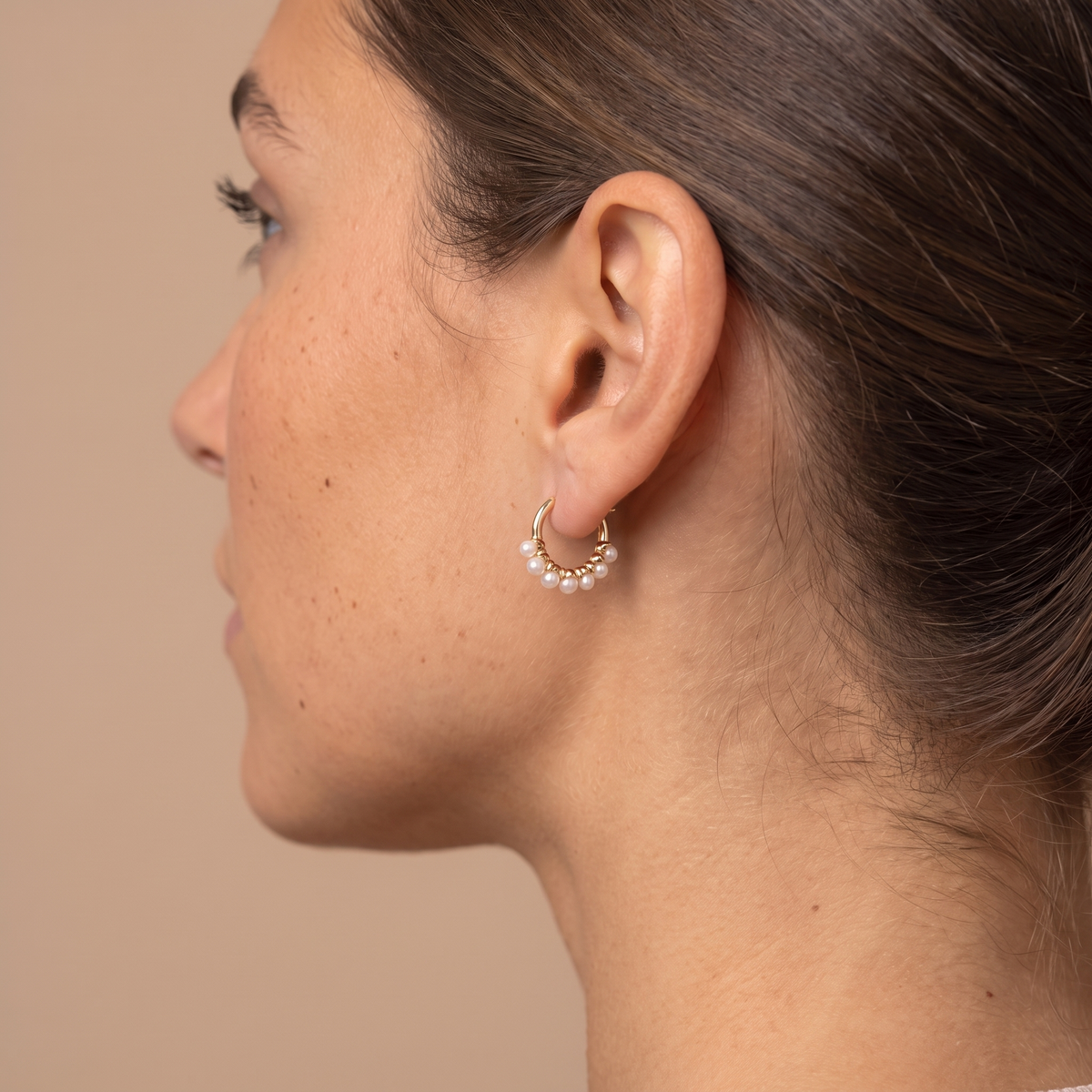 Gold Pearl Mini Hoop Earrings - close-up