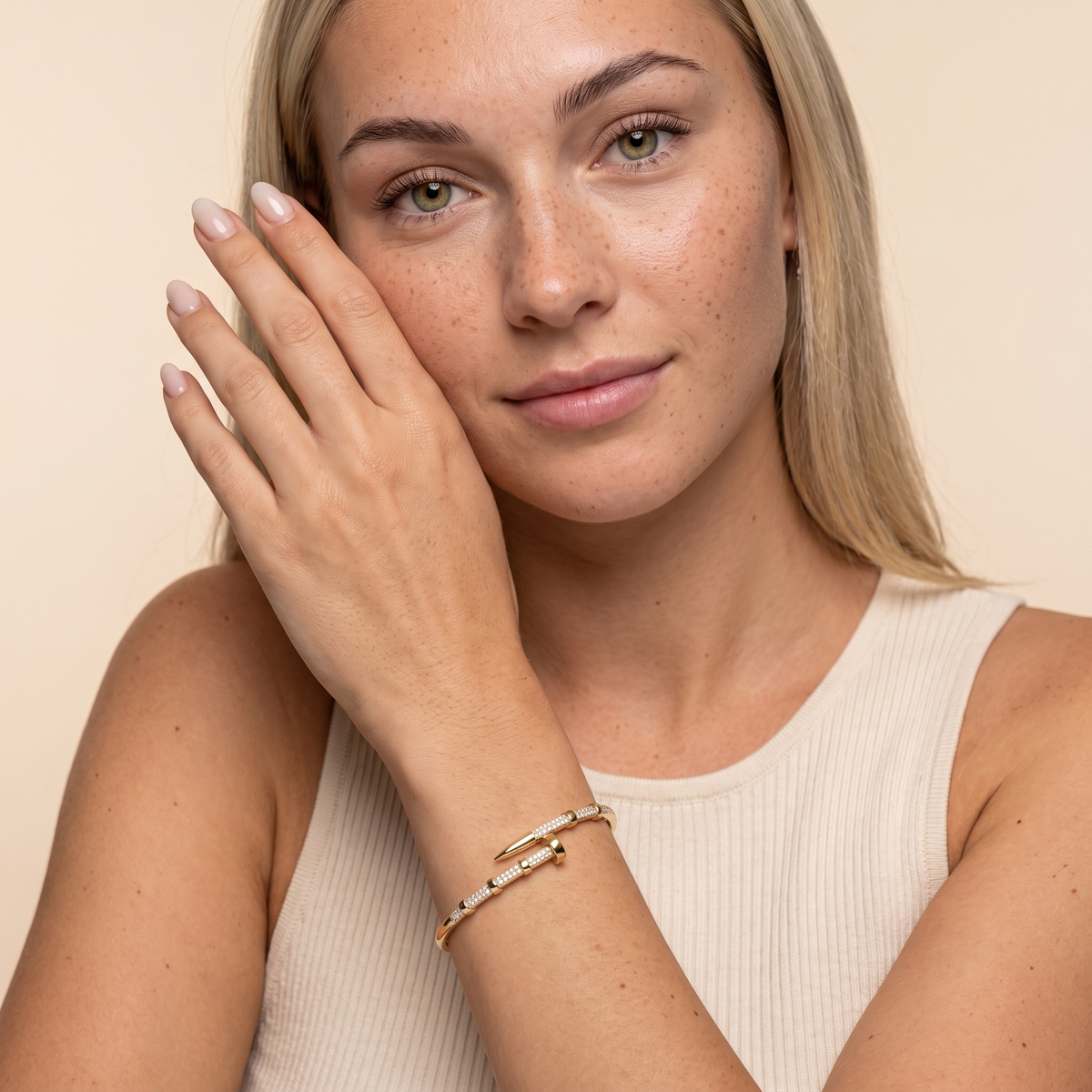 Pave Nail Bangle Bracelet - Gold - worn