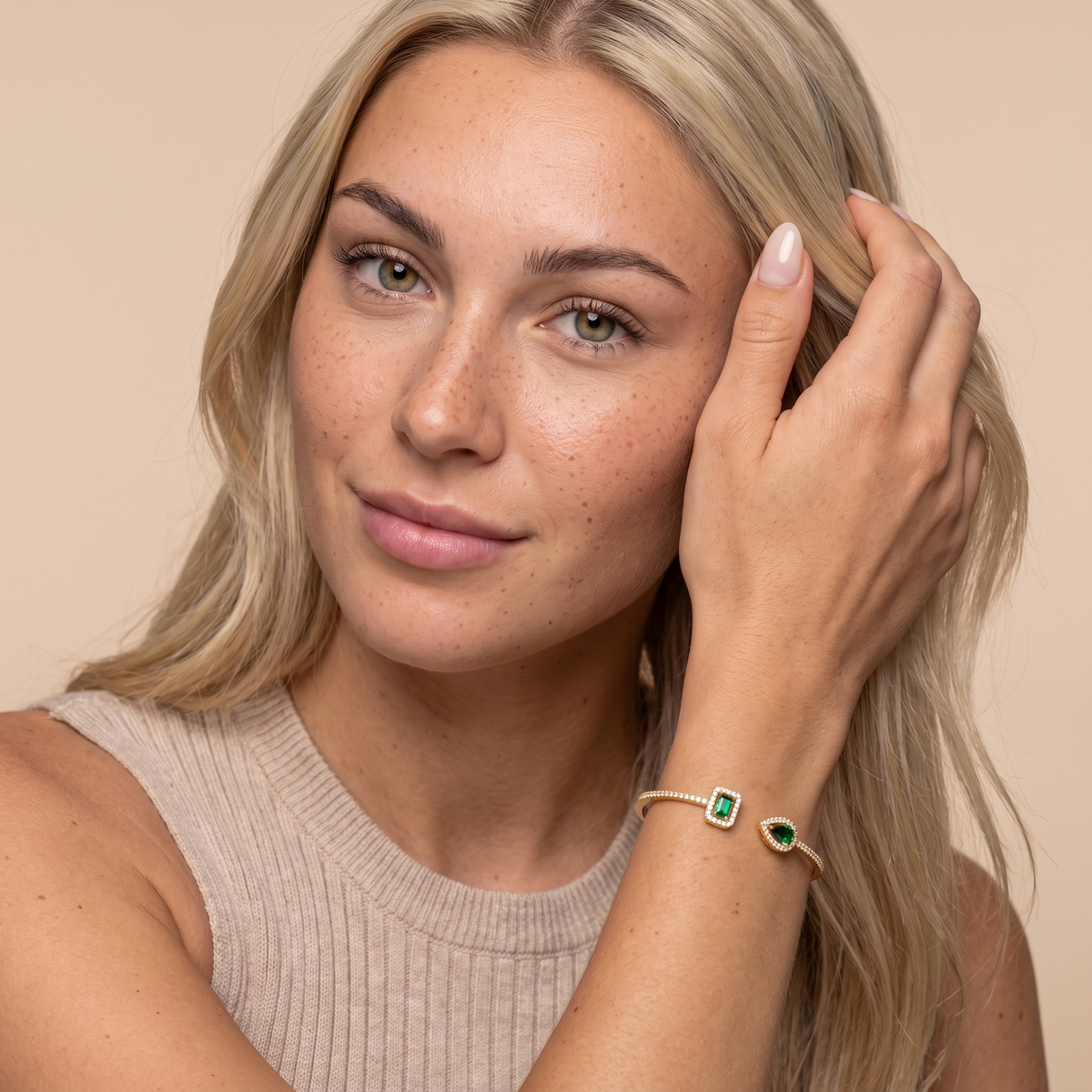 Gemstone Cuff Bangle Bracelet - Gold + Green - worn