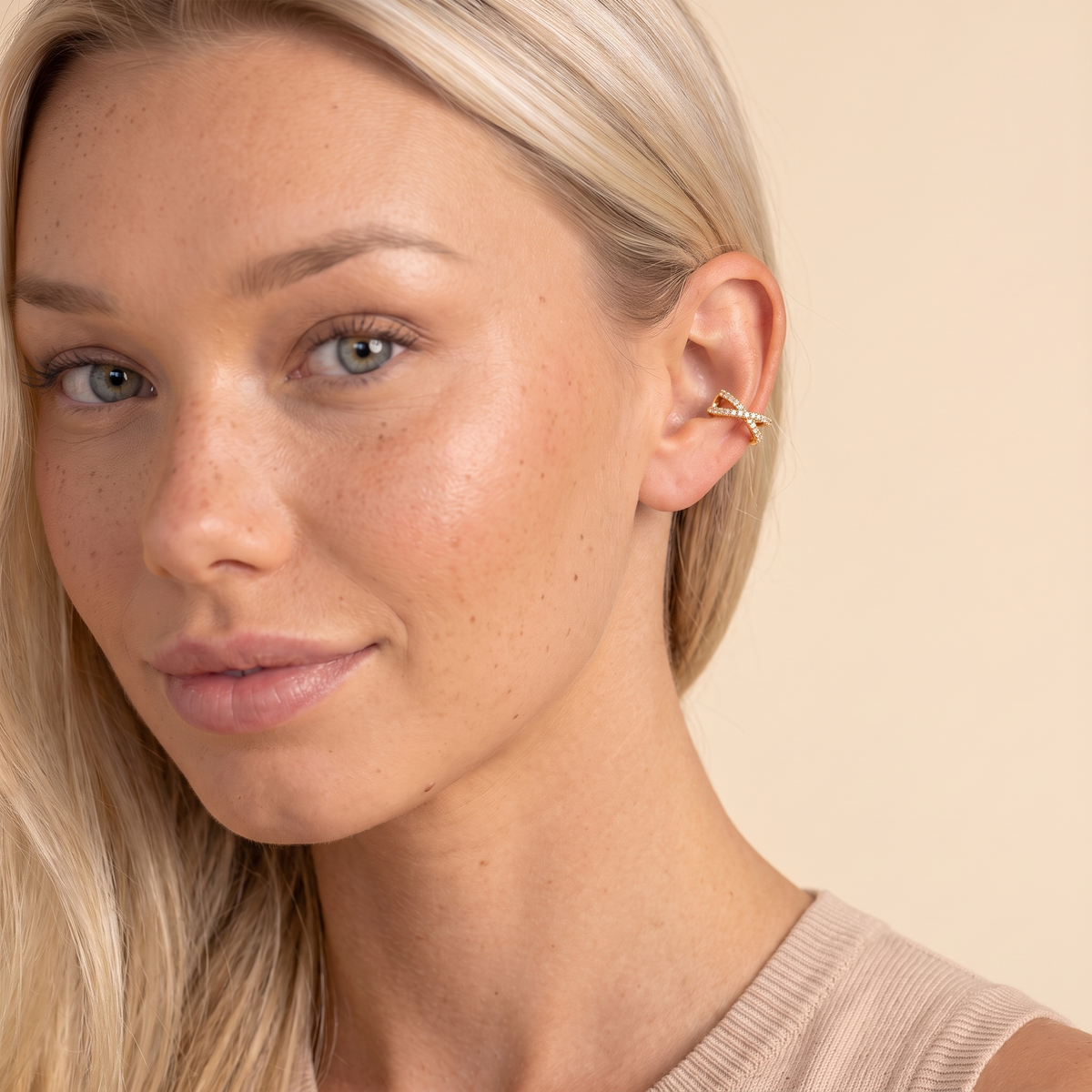 Pave Crossover Ear Cuff Earrings - Gold - worn