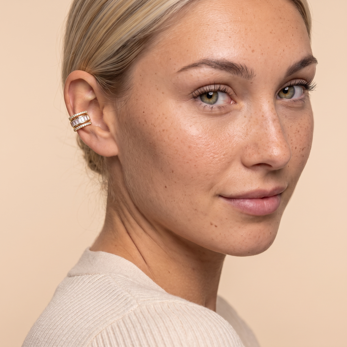 Baguette Ear Cuff Earrings - Gold - worn