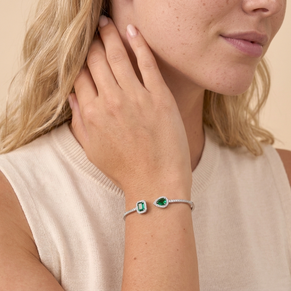 Gemstone Cuff Bangle Bracelet - Silver + Green - close-up