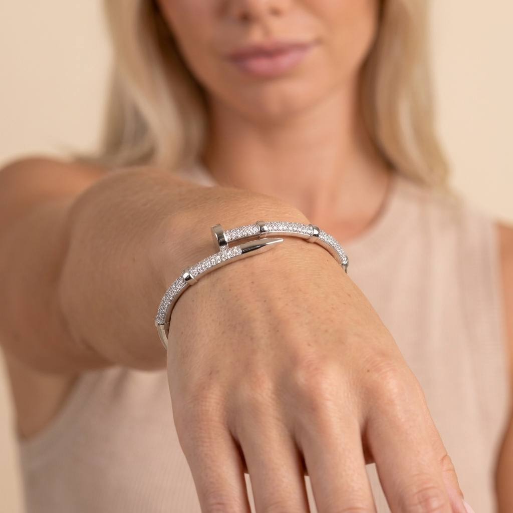 Pave Nail Bangle Bracelet - Silver - close-up