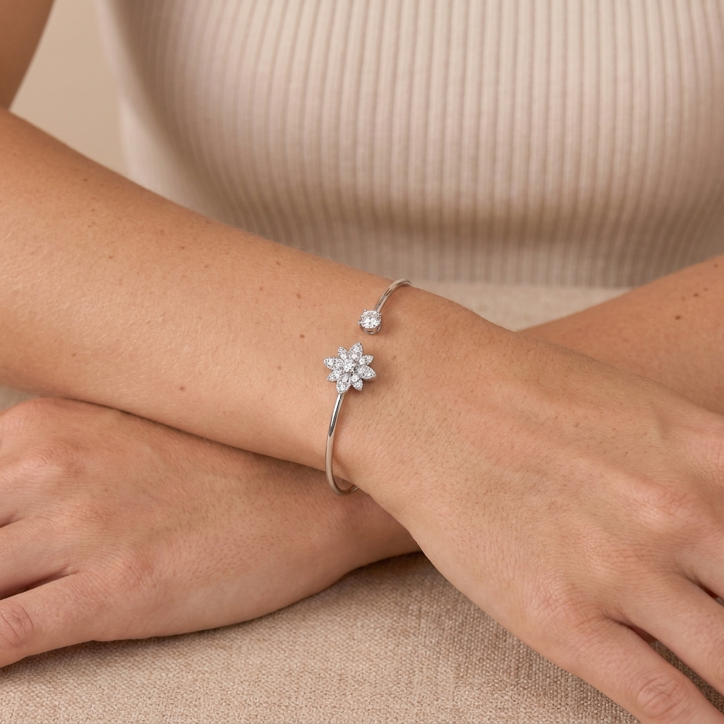 Flower Cuff Bangle Bracelet - Silver - close-up