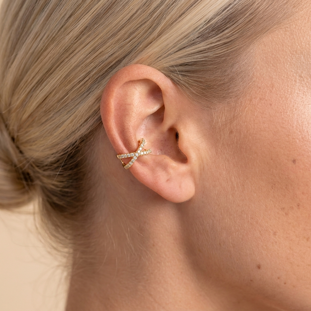 Pave Crossover Ear Cuff Earrings - Gold - close-up