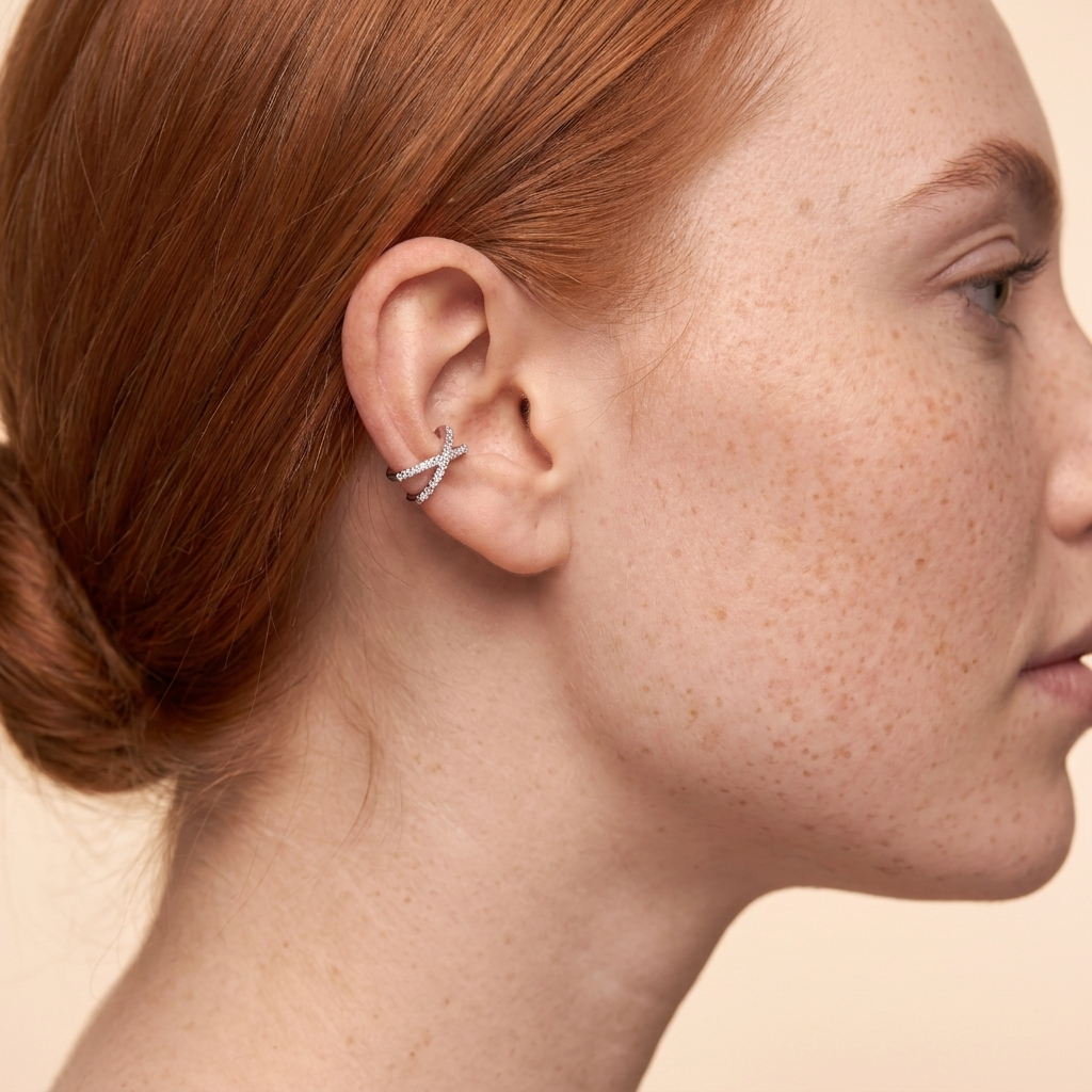 Pave Crossover Ear Cuff Earrings - Silver - close-up
