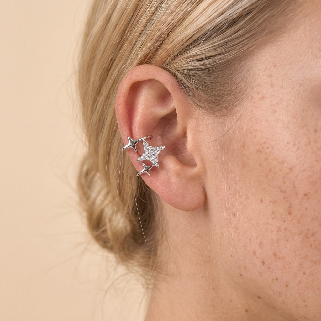 Star Ear Cuff Earrings - Silver - close-up