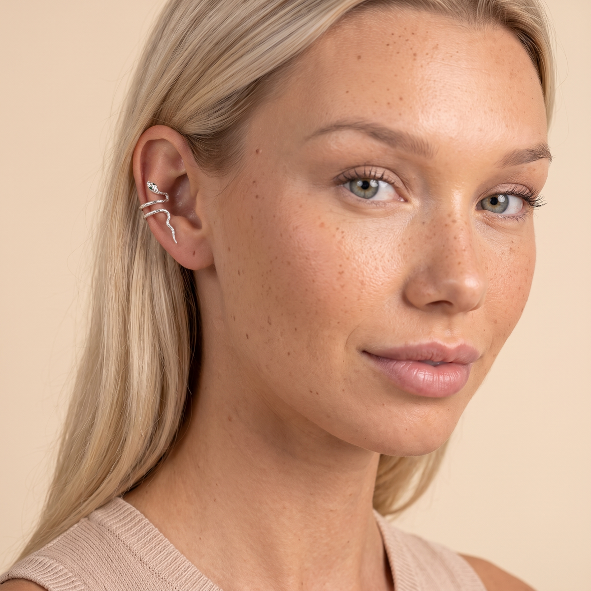 Snake Ear Cuff Earrings - Silver - worn