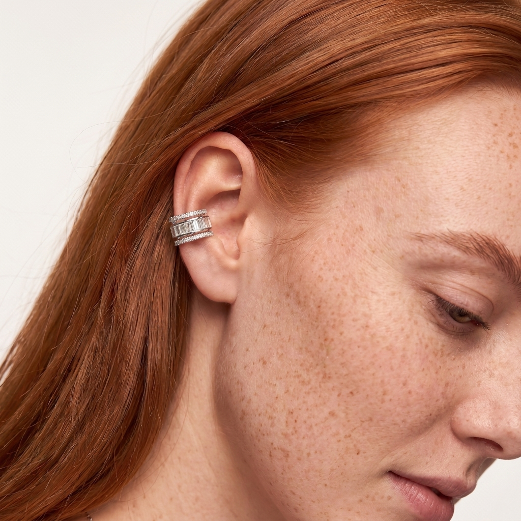 Baguette Ear Cuff Earrings - Silver - close-up