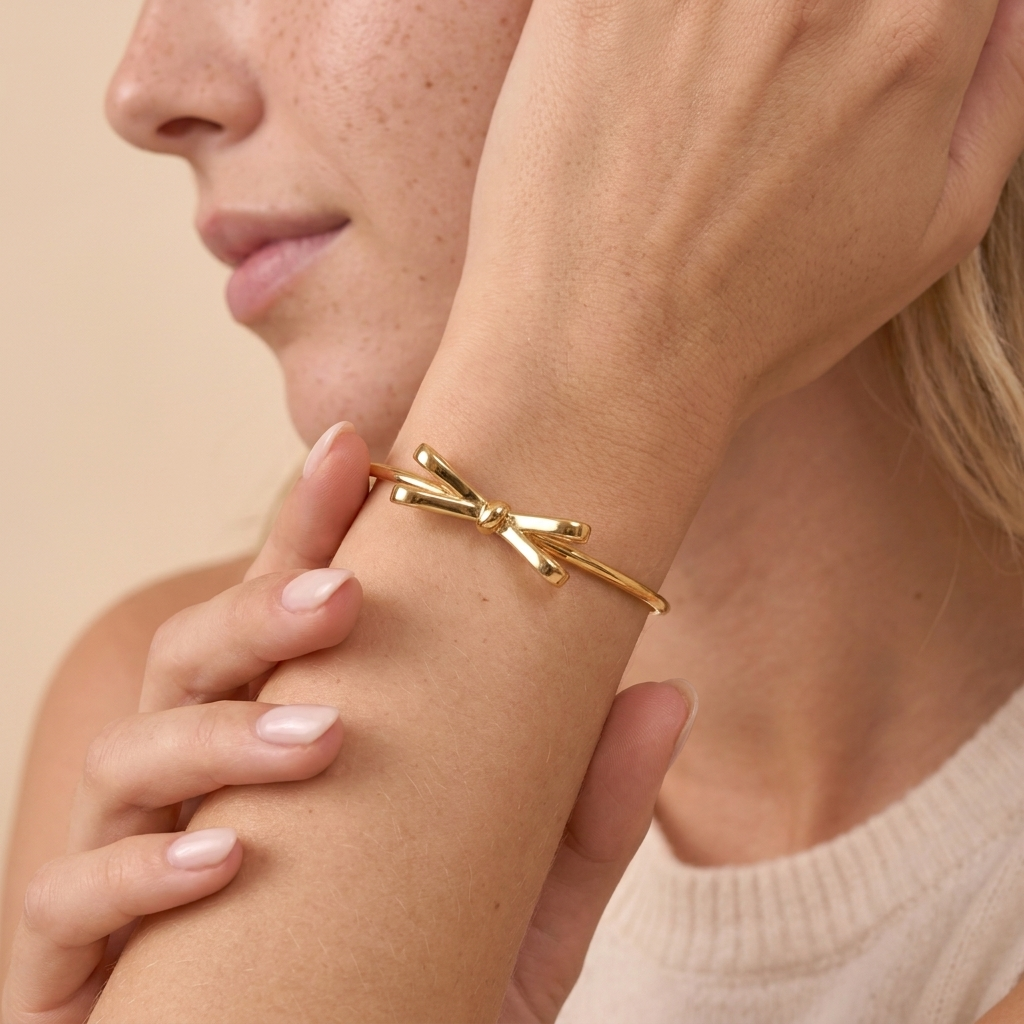 Bow Cuff Bangle Bracelet - Gold - close-up