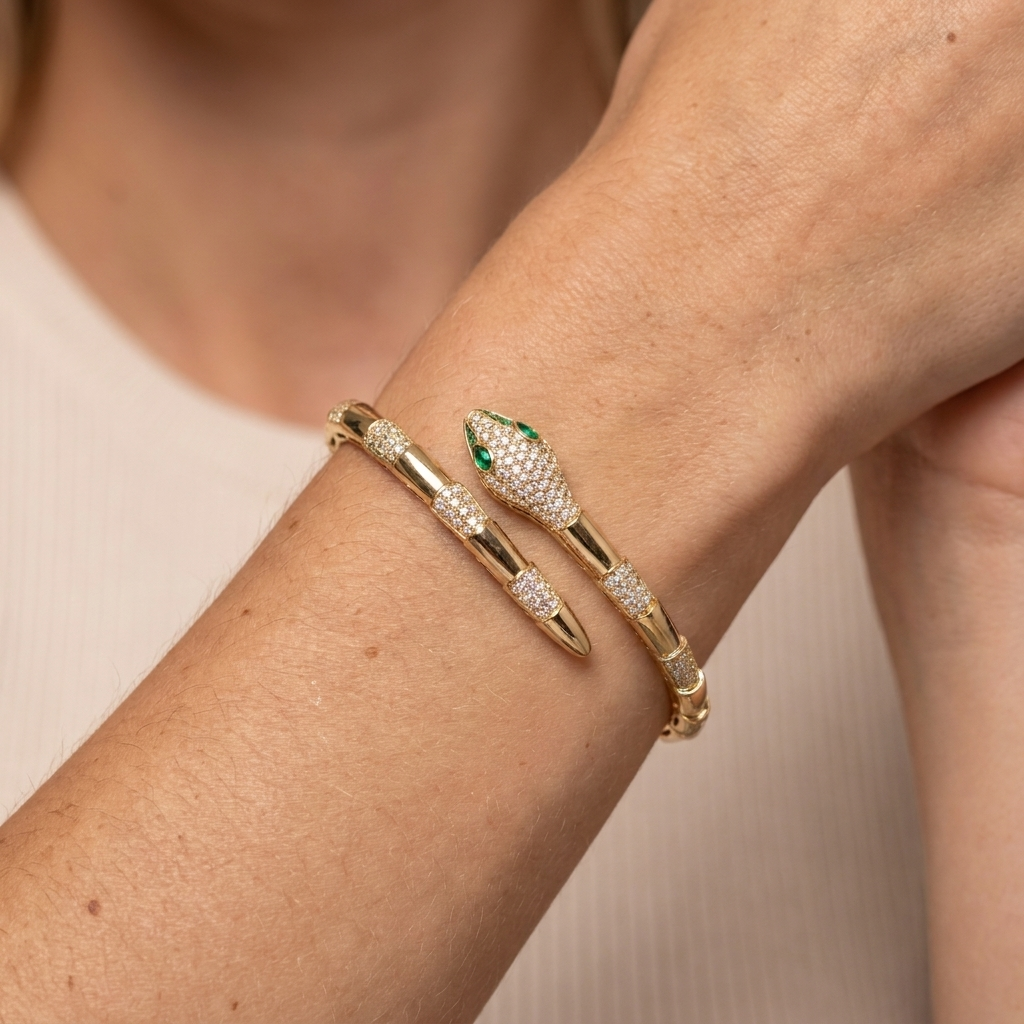 Snake Cuff Bangle Bracelet - Gold - close-up