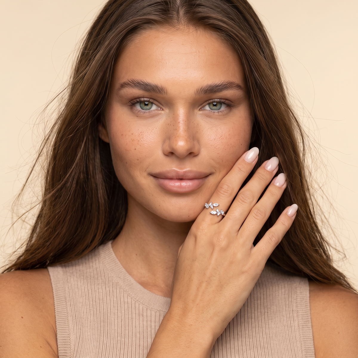 Adjustable Cubic Zirconia Leaf Ring - Silver - worn