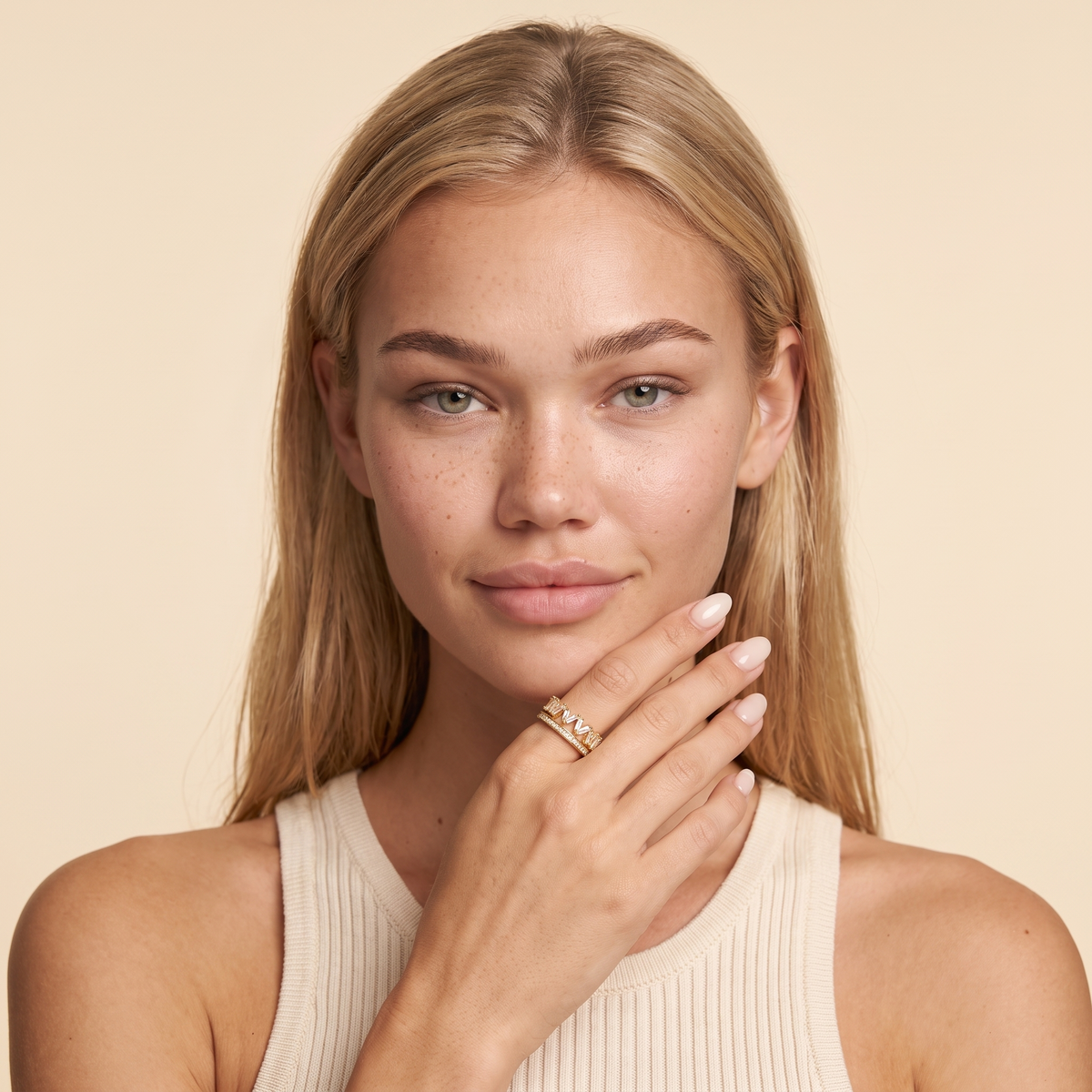 Baguette Cubic Zirconia Stacking Ring - Gold - worn