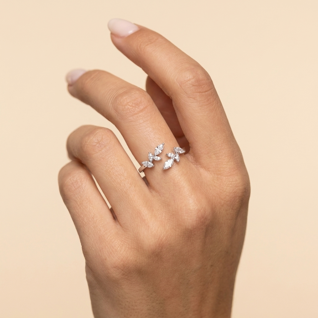 Adjustable Cubic Zirconia Leaf Ring - Silver - close-up