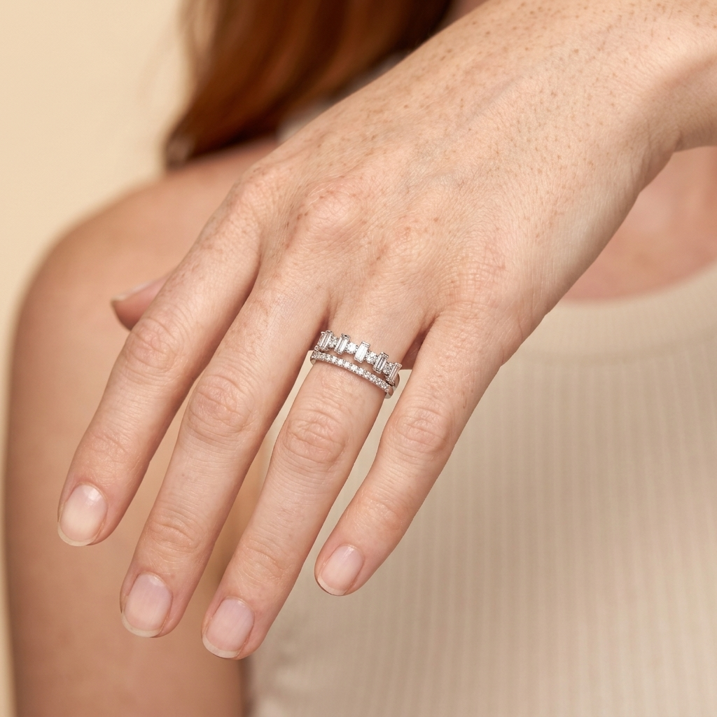 Baguette Cubic Zirconia Stacking Ring - Silver - close-up