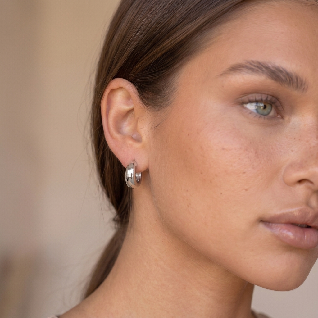 Small Chunky Hoop Earrings - Silver - close-up