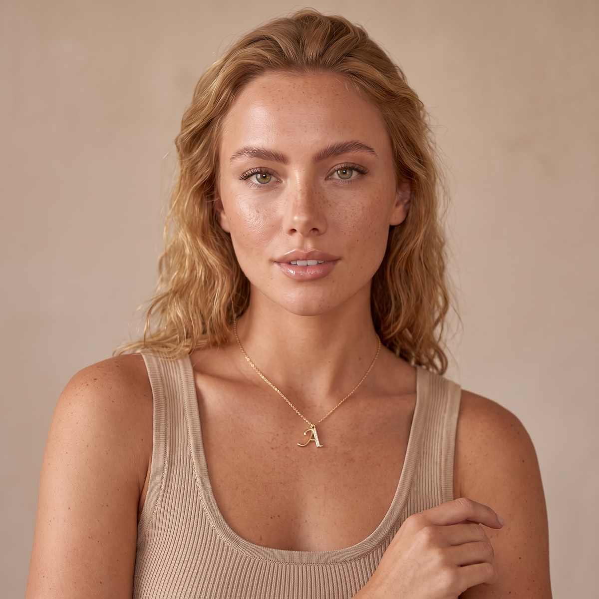 Script CZ Initial Necklace - Gold - worn