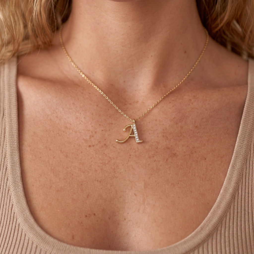 Script CZ Initial Necklace - Gold - close-up