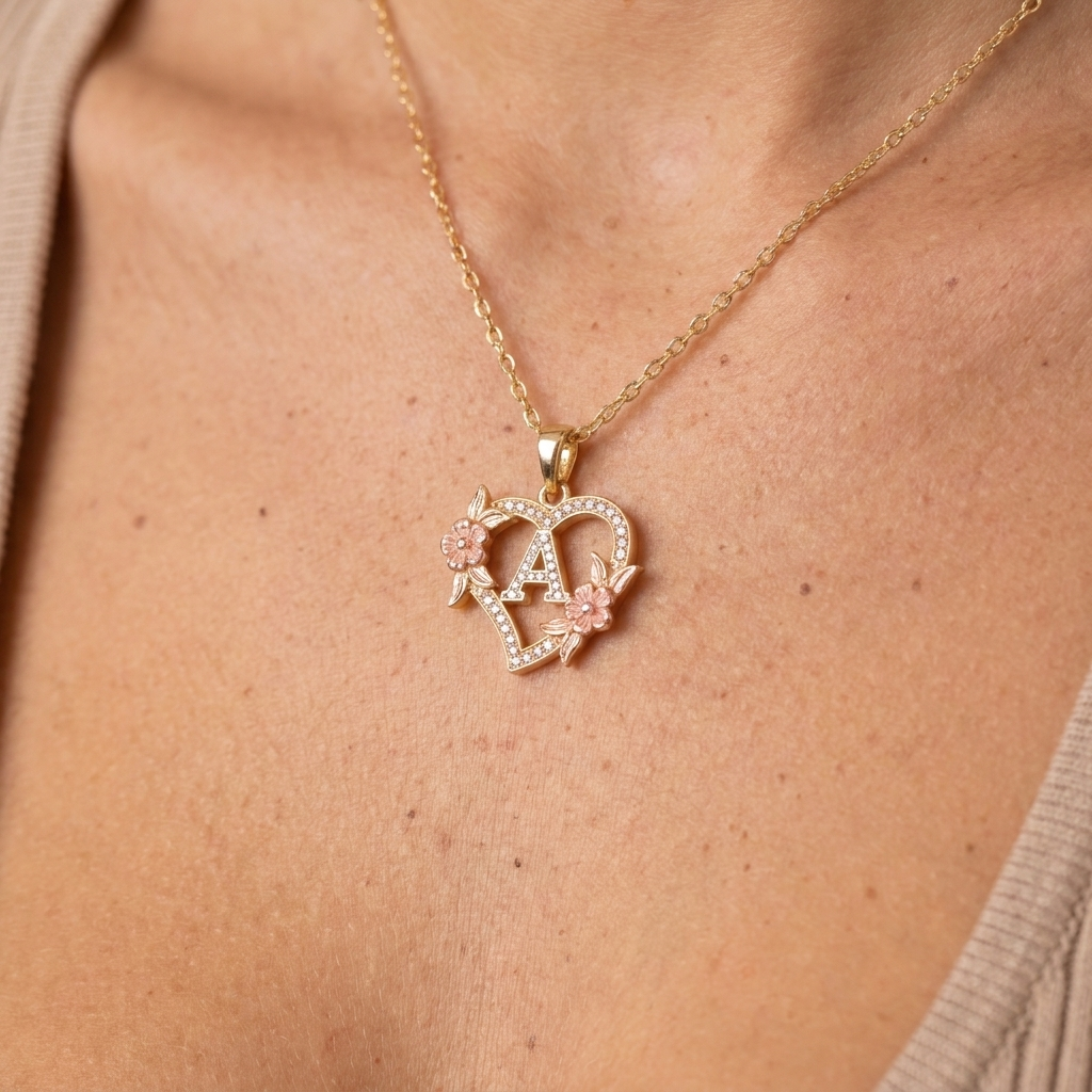Pave Heart Initial Necklace - Gold - close-up