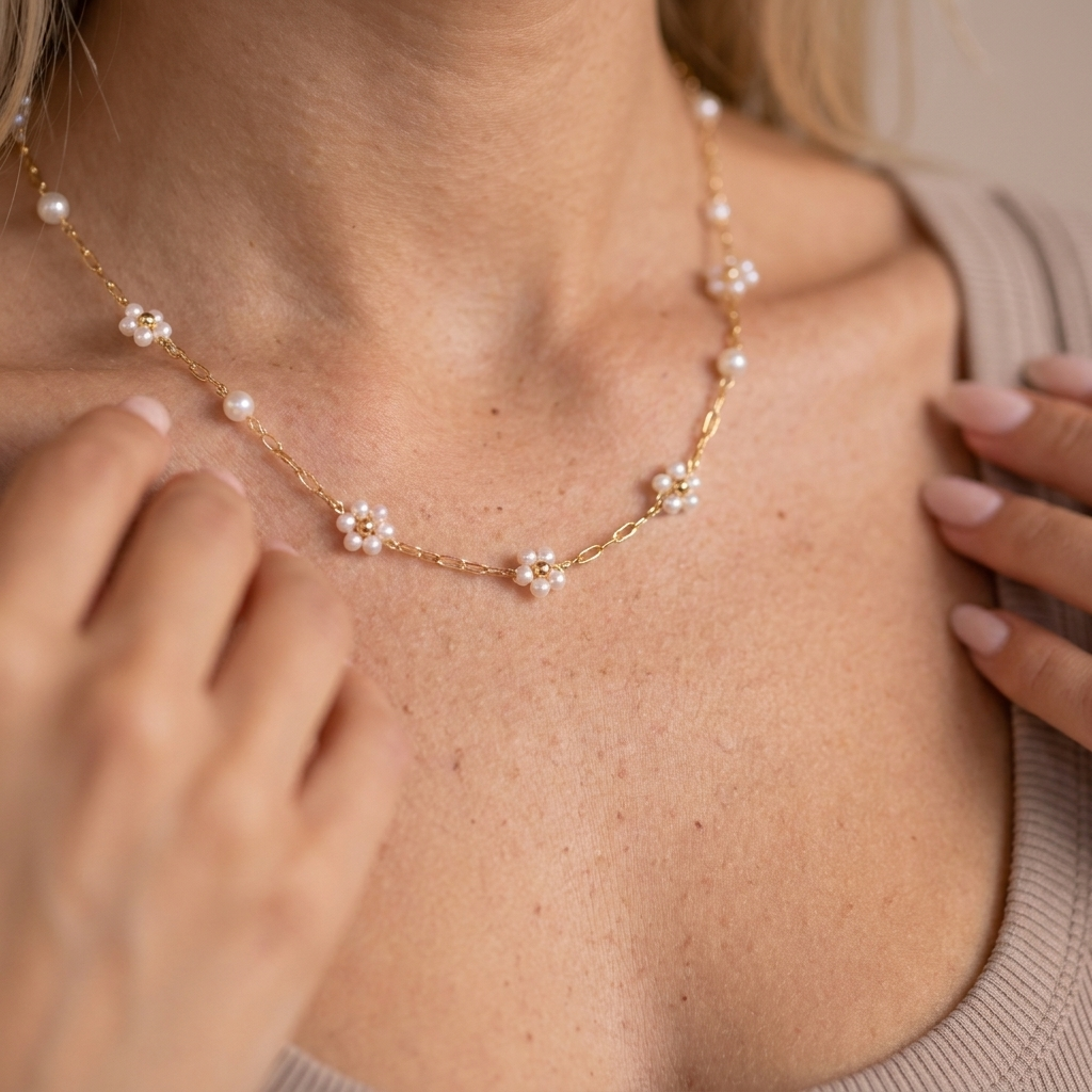 Pearl Flower Necklace - Gold - close-up