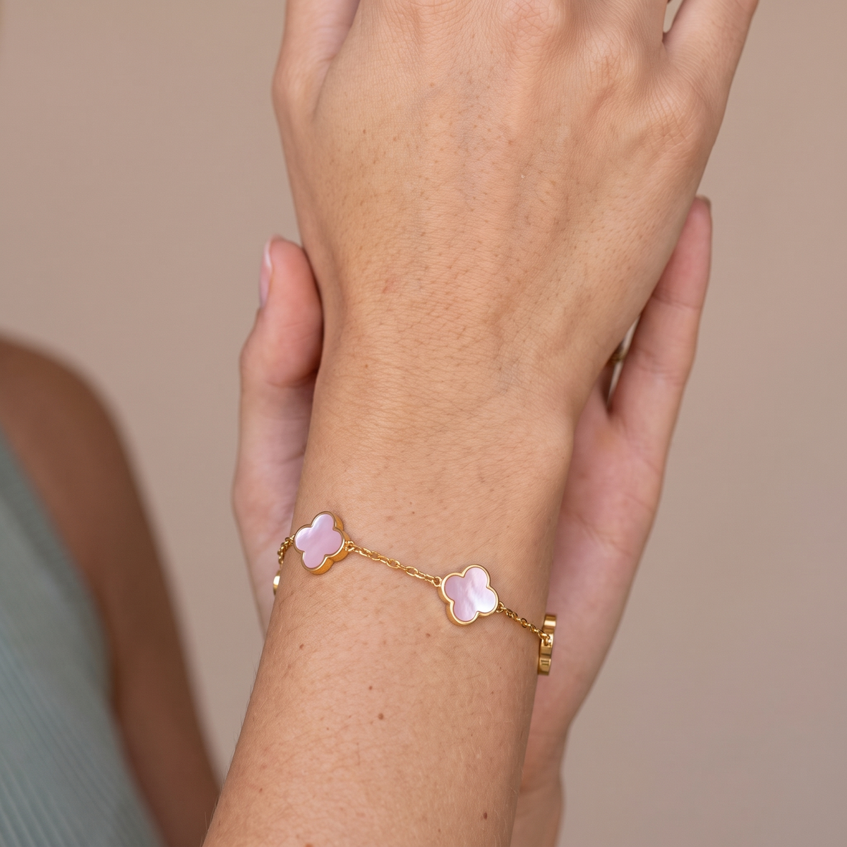 Clover Station Mother of Pearl Bracelet — Gold, worn