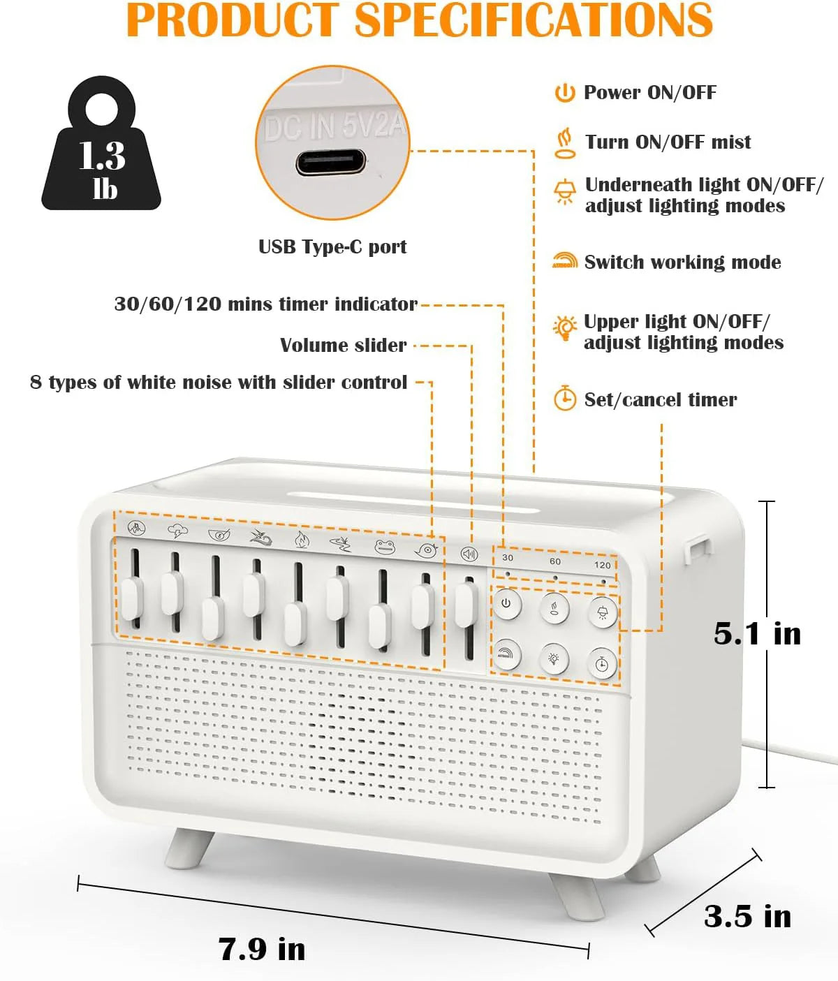 White Noise Machine, Humidifier, Diffuser & Bluetooth Speaker, Night Light