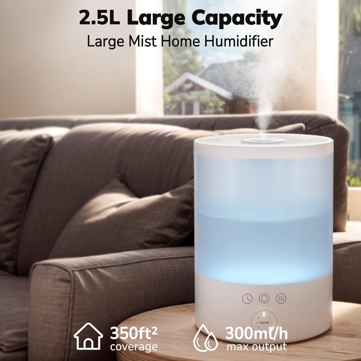 Ultrasonic Cool Mist Humidifier & Diffuser, 2.5L, 7 LED Colors, 24dB