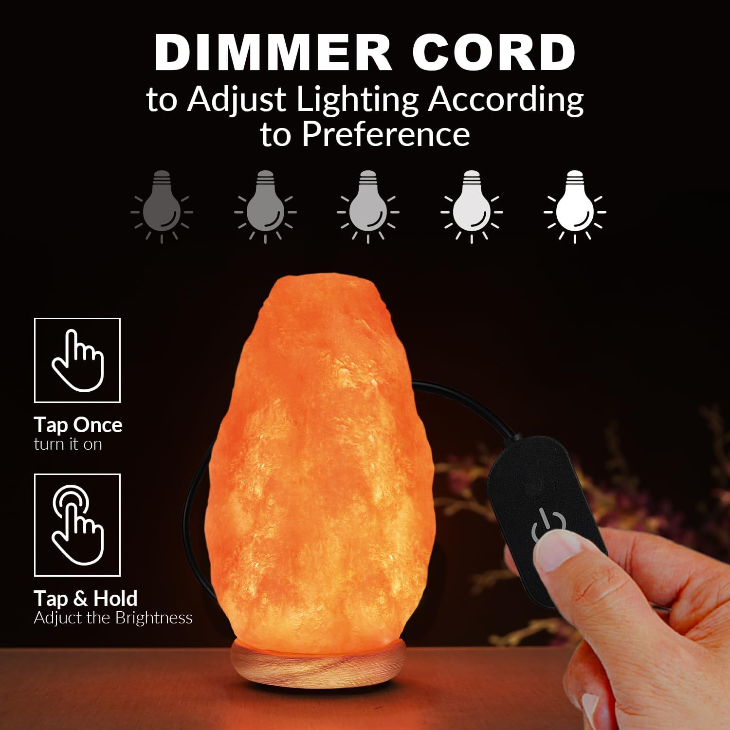 Himalayan Salt Lamp, Hand-Carved Crystal, Touch Dimmer, USB, Neem Wood