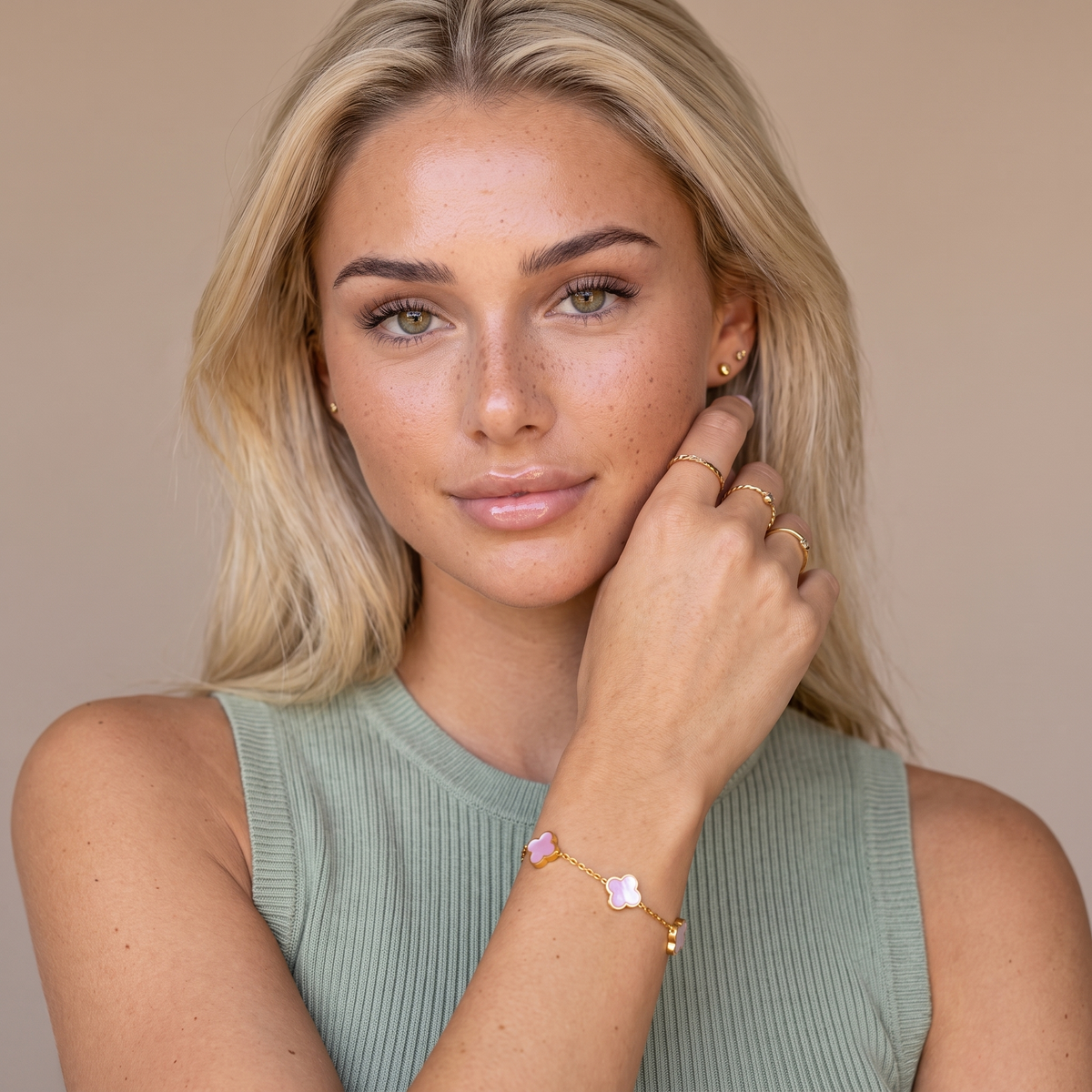 Clover Station Mother of Pearl Bracelet — Gold, worn