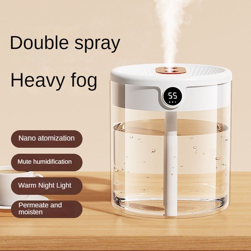 Air Humidifier 2L, Dual Mist Output, Digital Display, USB, Ambient Light
