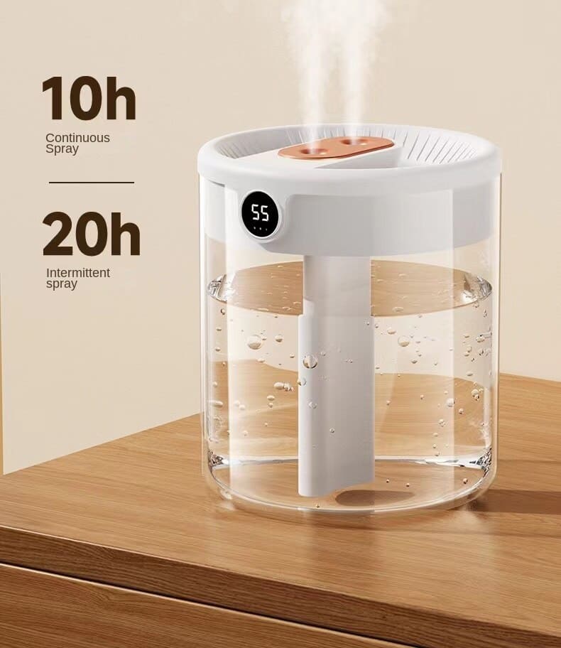 Air Humidifier 2L, Dual Mist Output, Digital Display, USB, Ambient Light