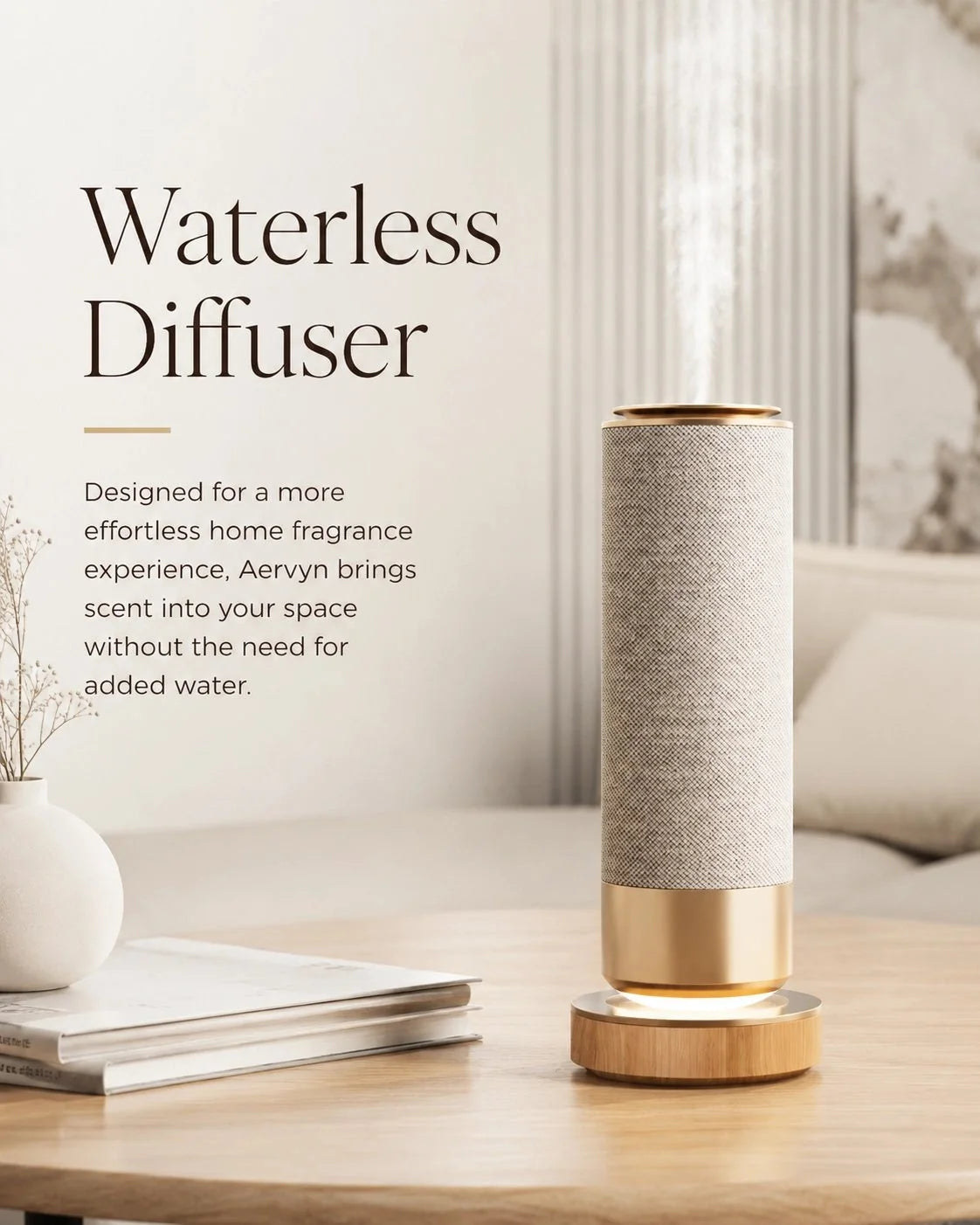 Waterless Essential Oil Diffuser, 100ml, Warm LED Glow, Aluminum & Fabric