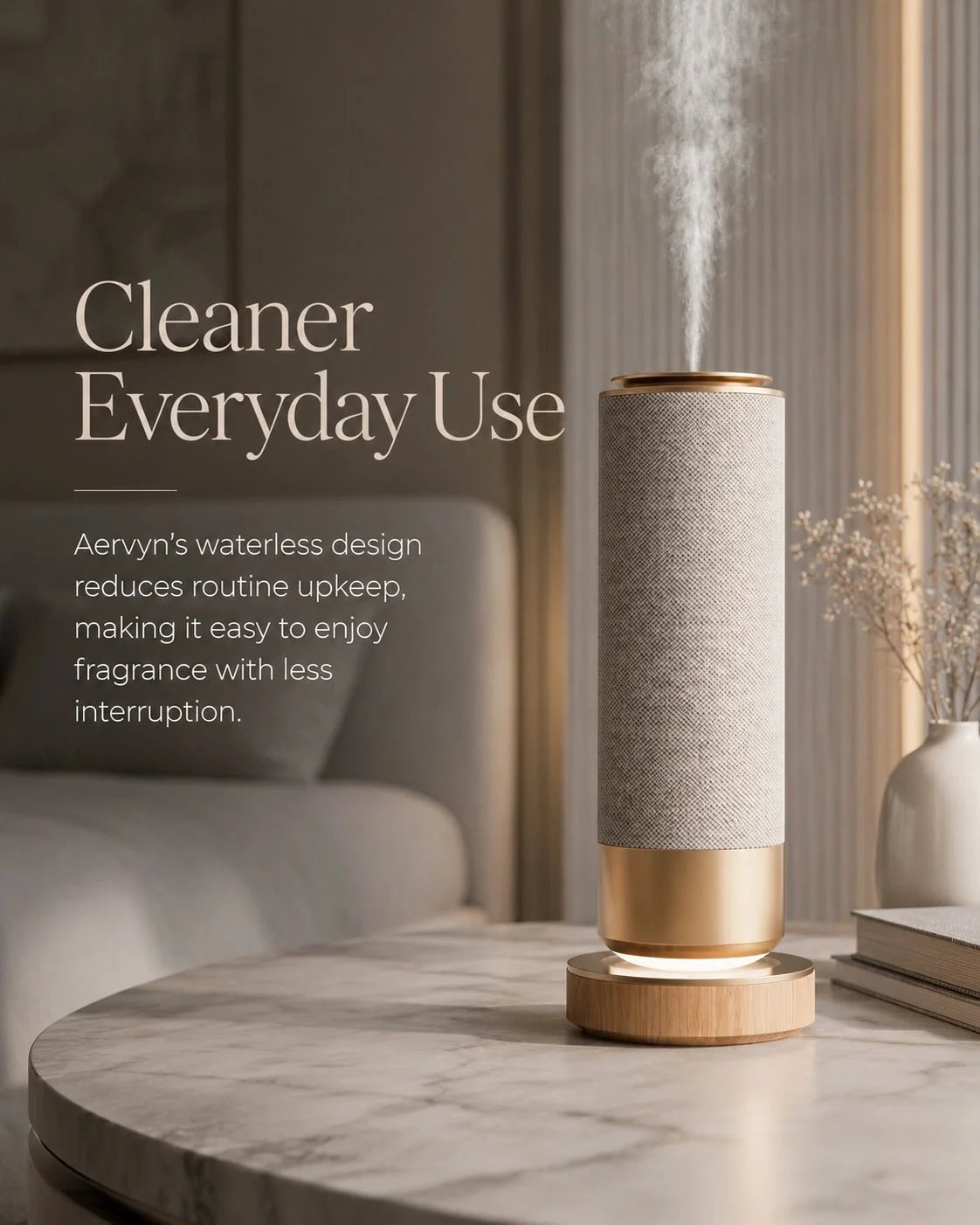 Waterless Essential Oil Diffuser, 100ml, Warm LED Glow, Aluminum & Fabric