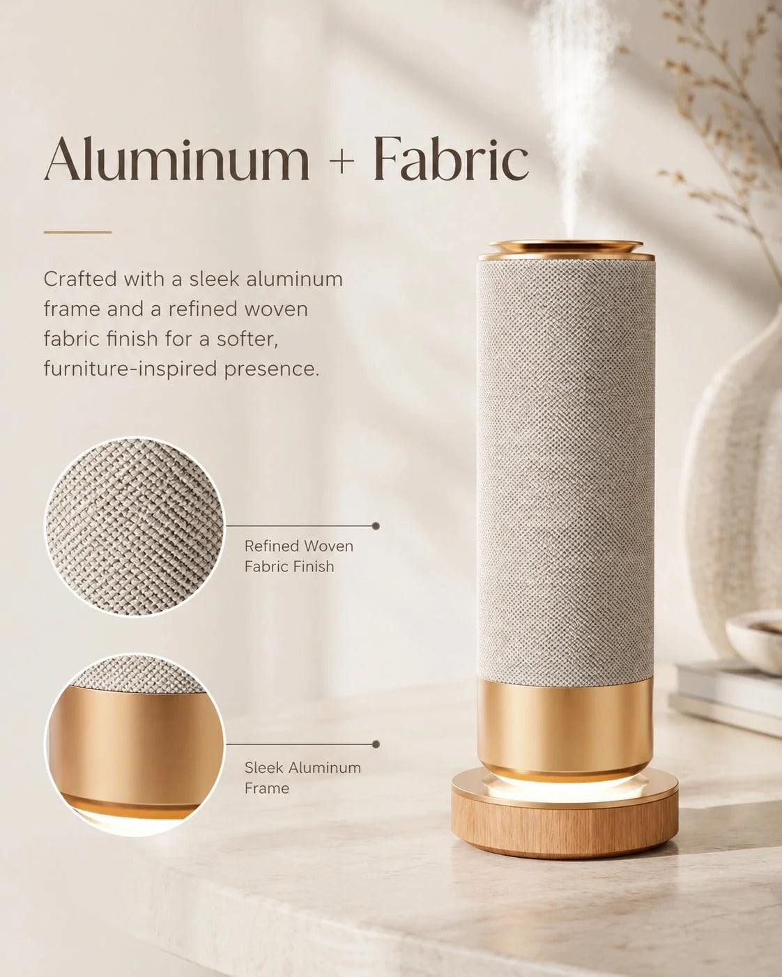 Waterless Essential Oil Diffuser, 100ml, Warm LED Glow, Aluminum & Fabric