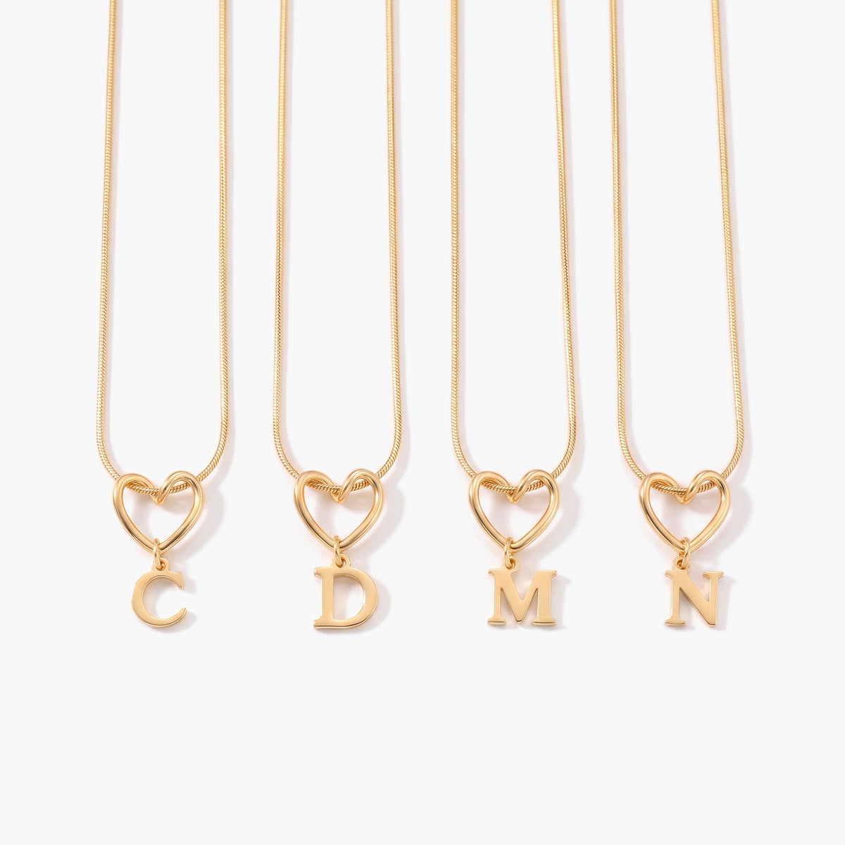 Hollow Heart Initial Necklace - Gold