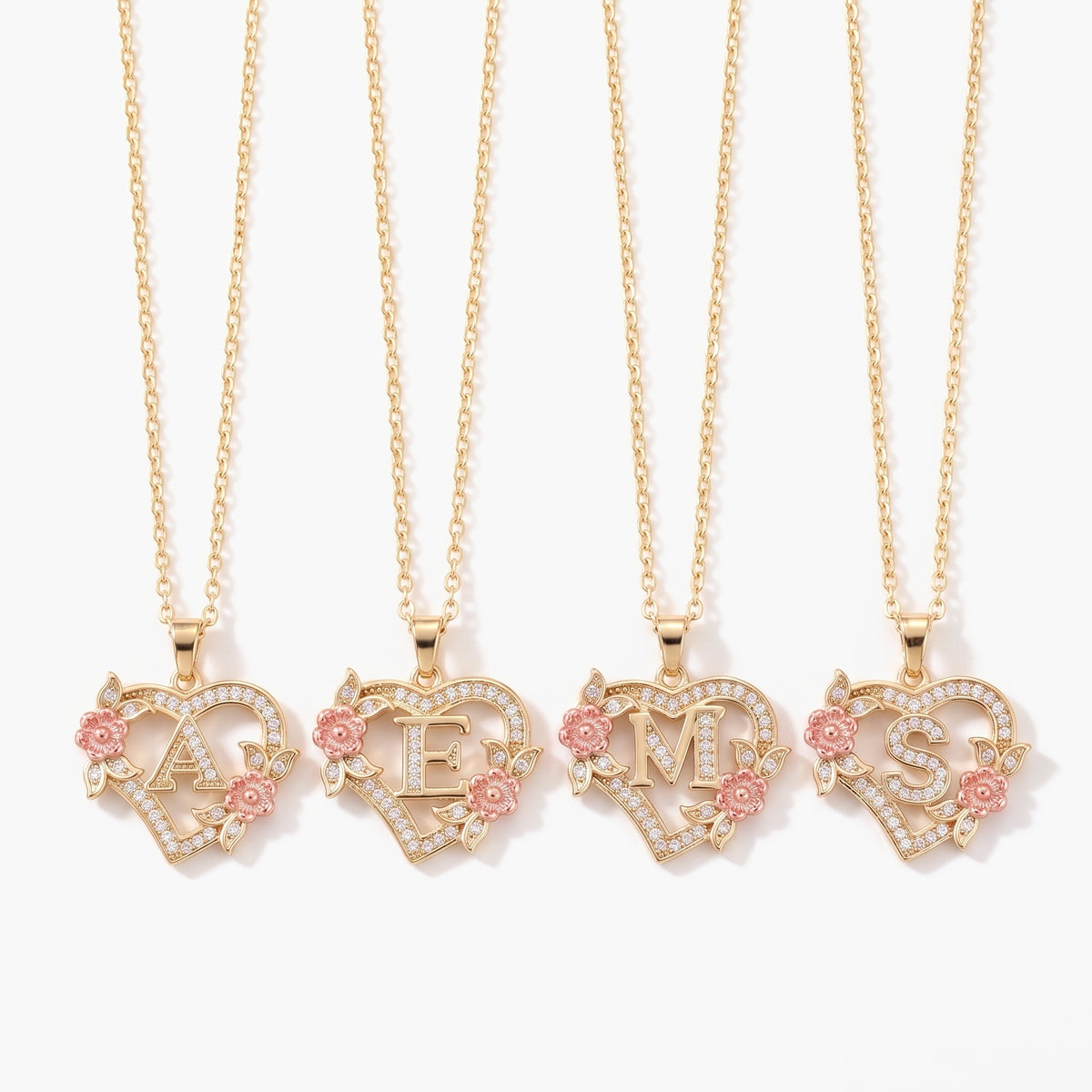 Pave Heart Initial Necklace - Gold